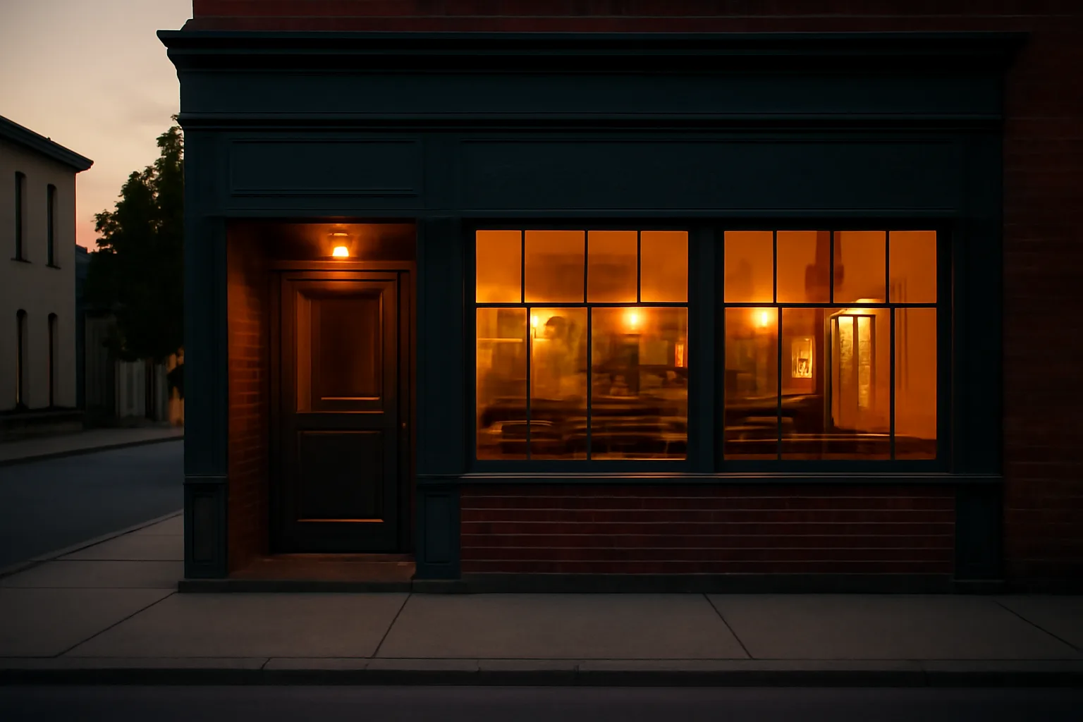 Small New Jersey tavern storefront lit at dusk with no visible signage