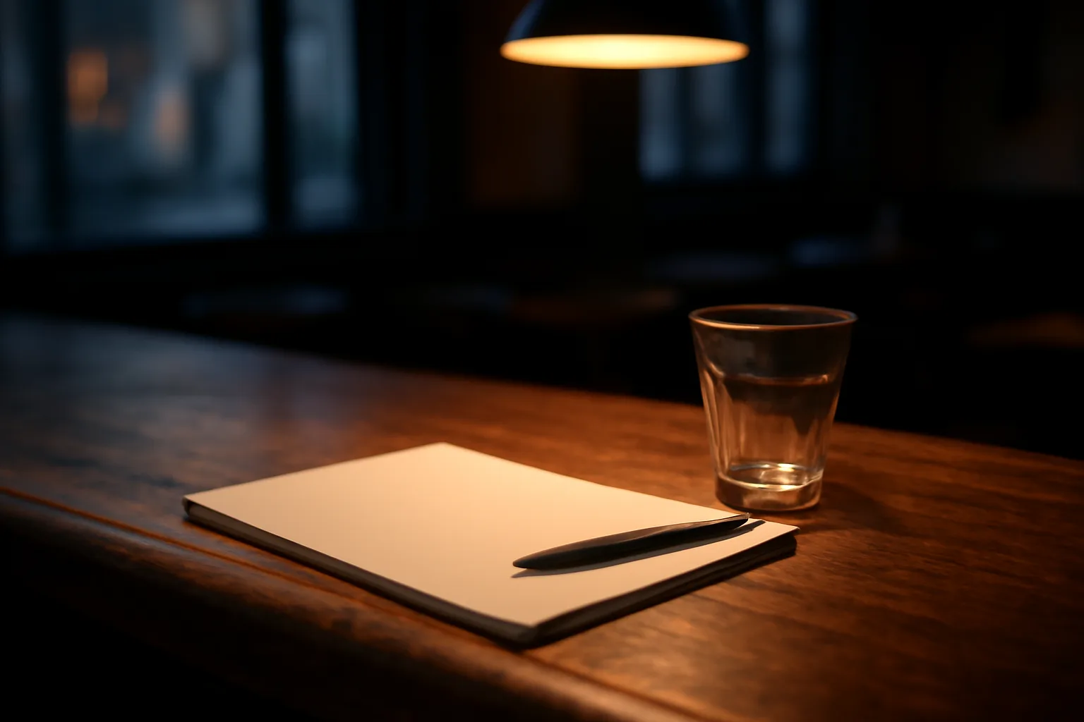 Empty bar counter with blank paperwork and pen, representing liquor license paperwork not the American Bar Association