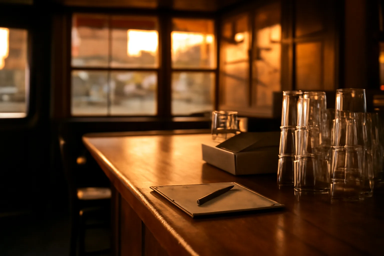 Empty corner bar interior at dusk representing liquor license renewal paperwork season