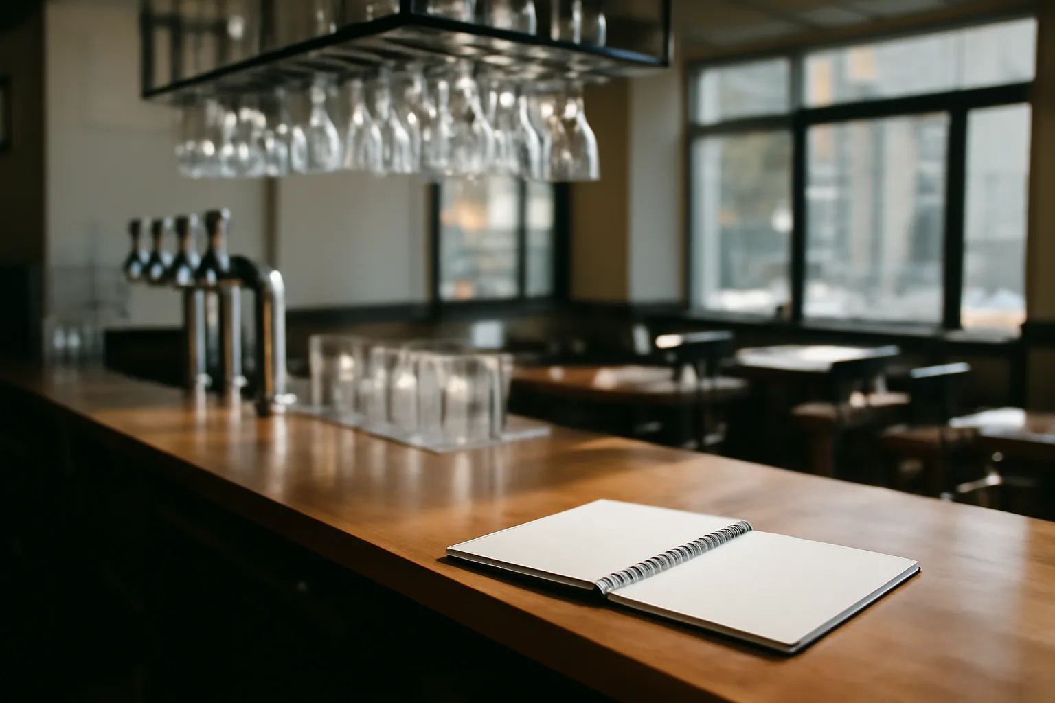 Empty restaurant bar counter in morning light before opening under Arizona alcohol laws