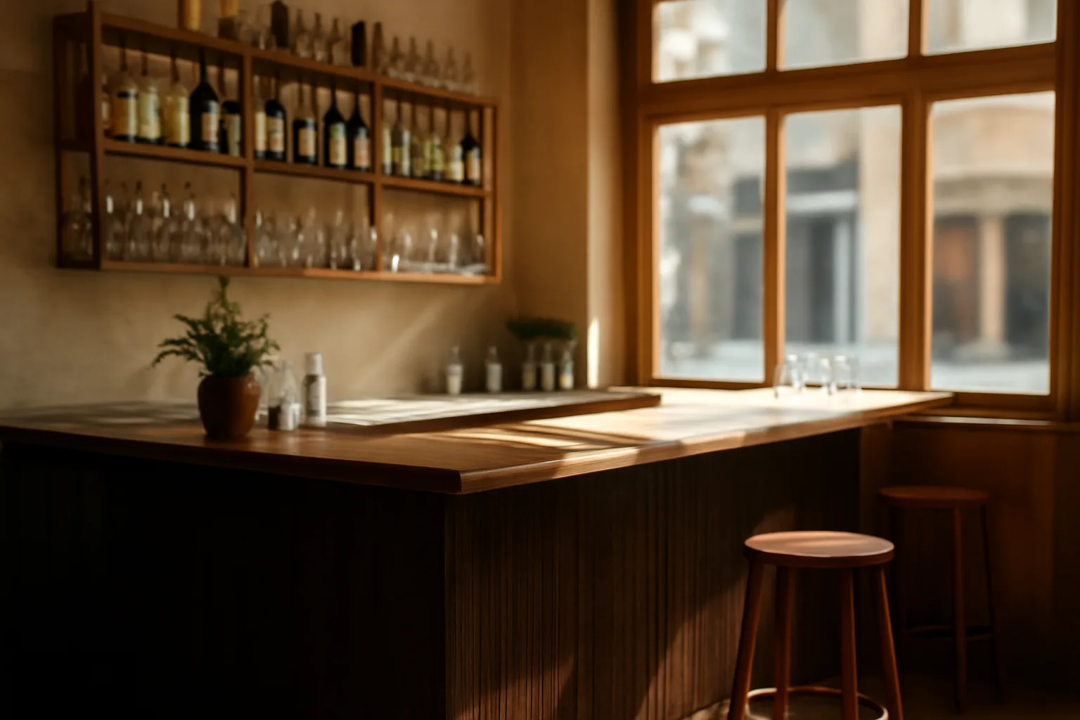 Sunlit restaurant bar counter representing Arizona liquor license planning for new owners