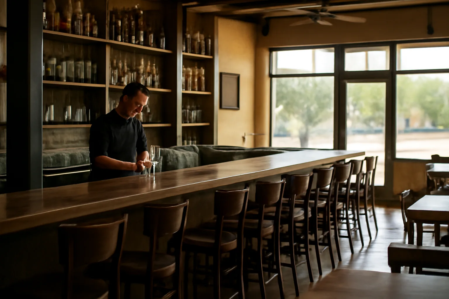 Sunlit bar interior in Arizona before opening, bartender polishing glasses at counter