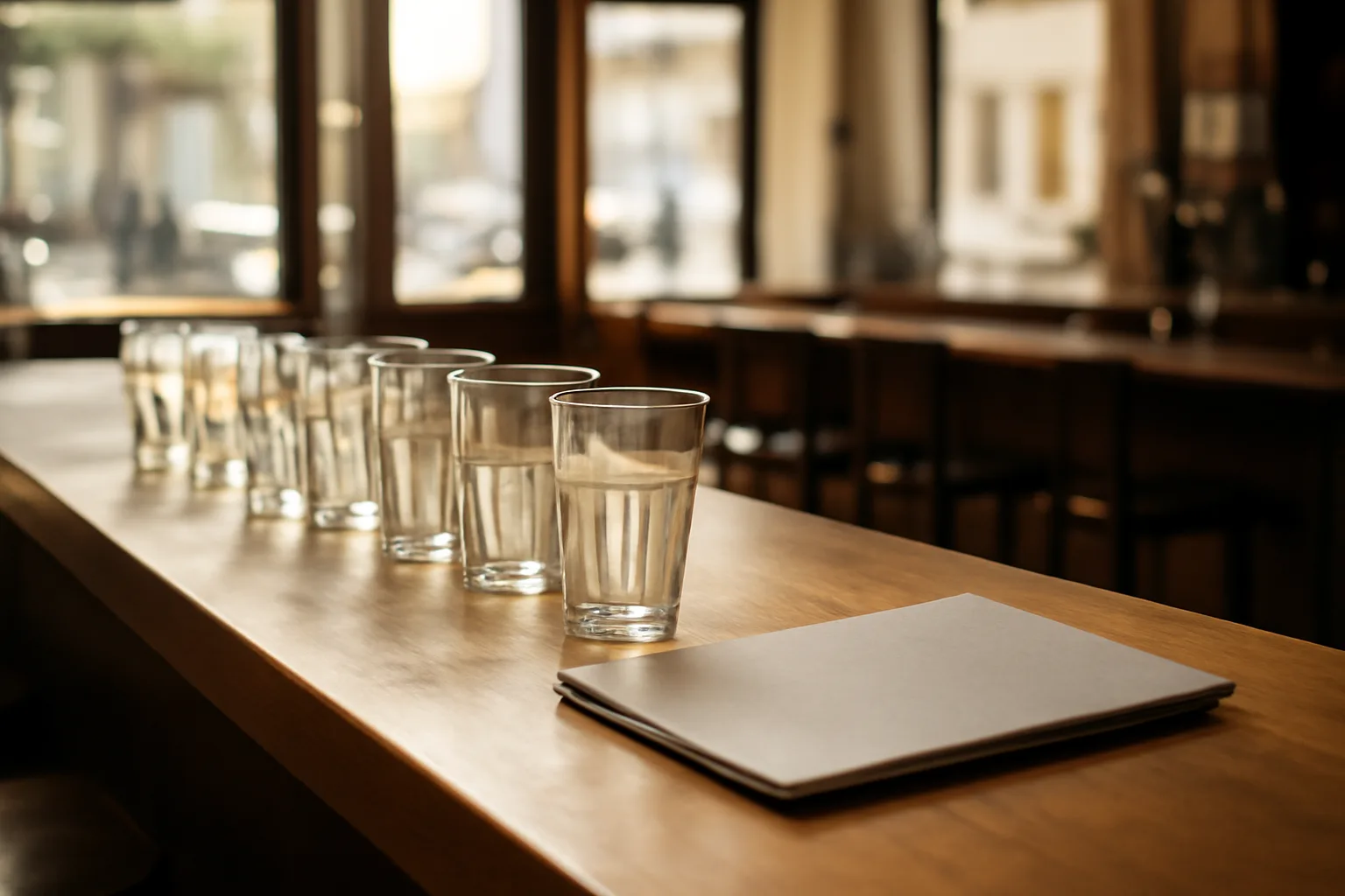 Empty bar counter with glasses and paperwork, representing Arizona liquor license cost planning
