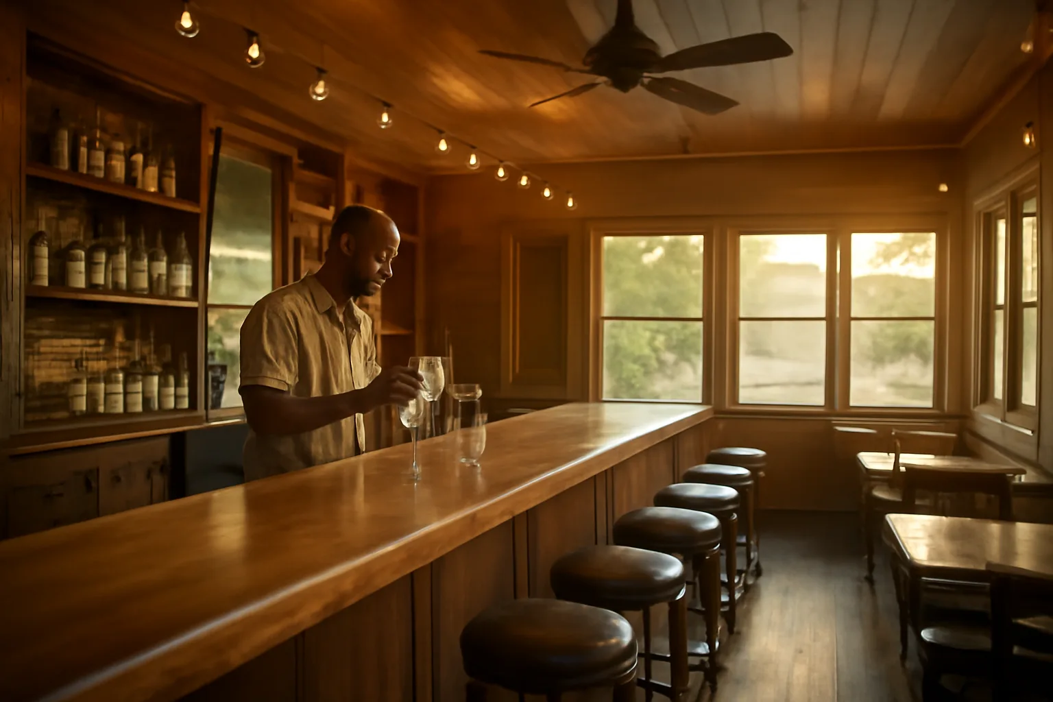 Bartender preparing a bar counter in a small Arkansas restaurant before opening hours