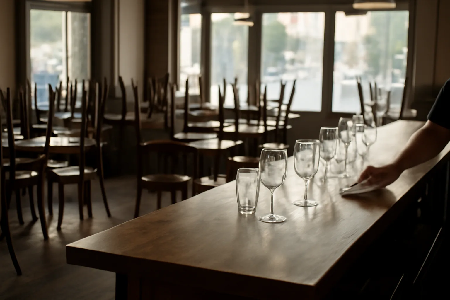 Empty restaurant bar in early morning light before a liquor license opening