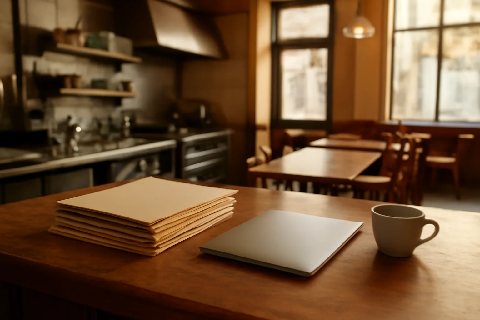 Restaurant counter with paperwork folders during the liquor license application process