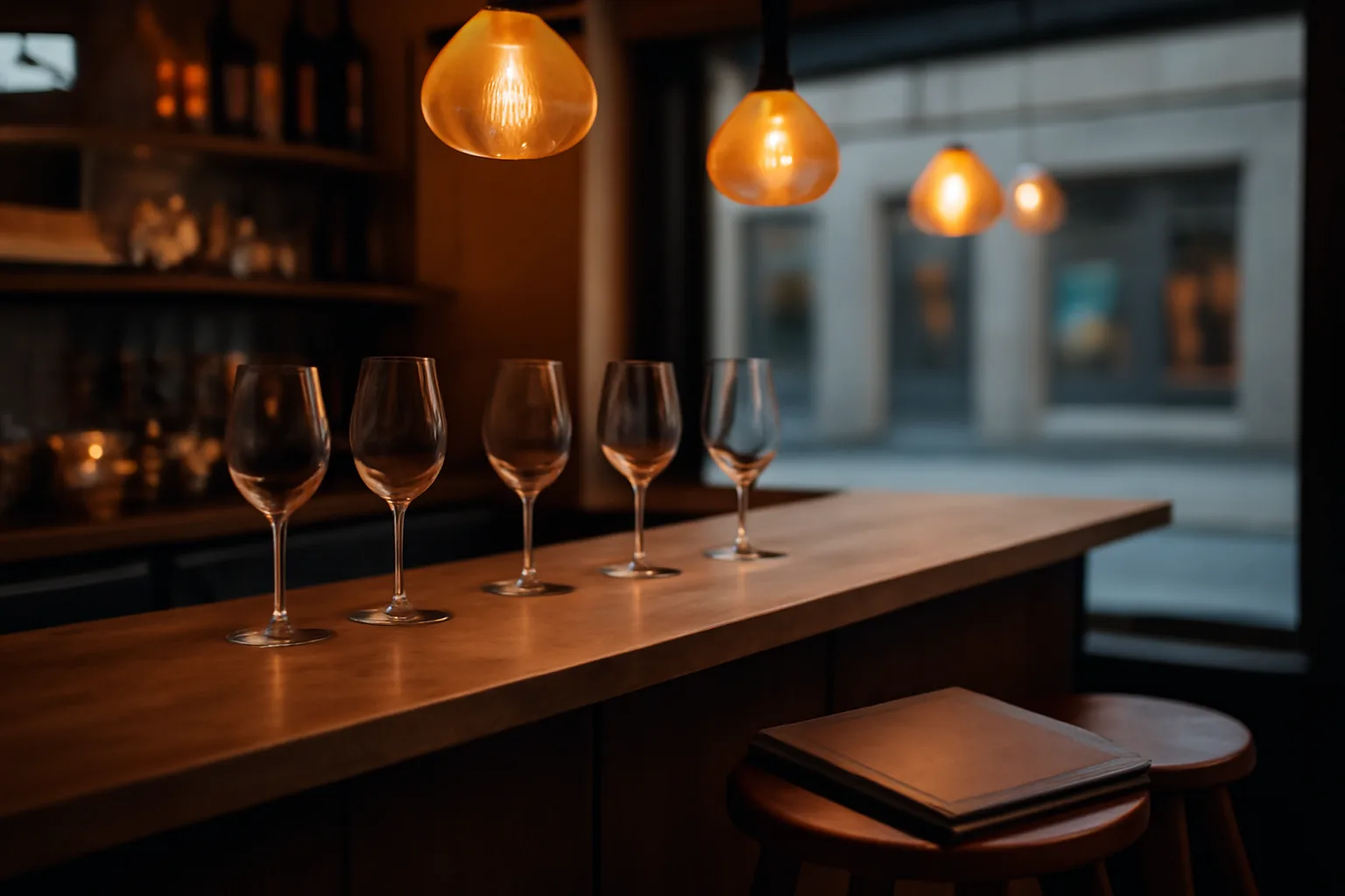 Empty restaurant bar counter with wine glasses under warm dusk lighting