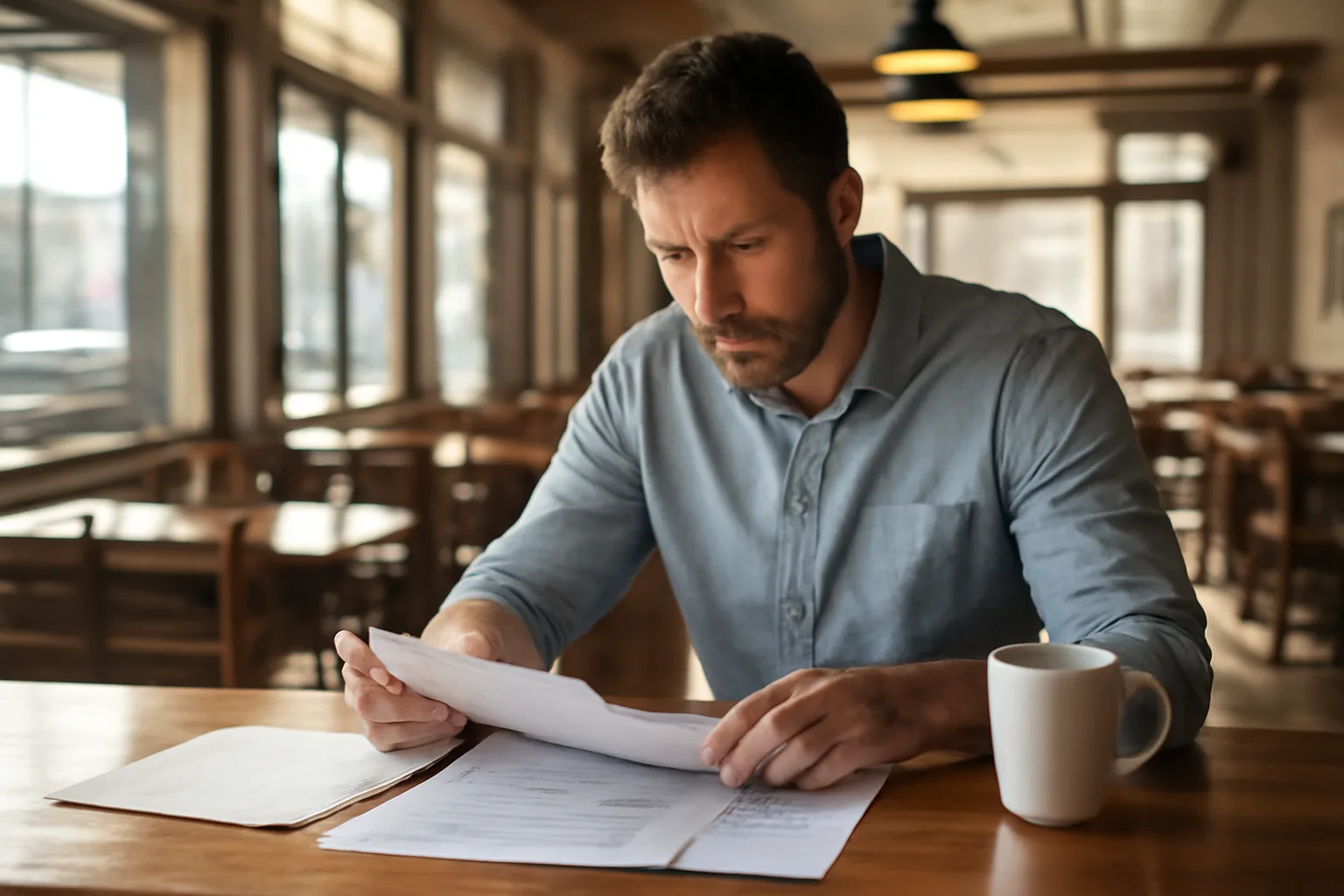 Restaurant owner reviewing license paperwork at an empty bar counter in daylight