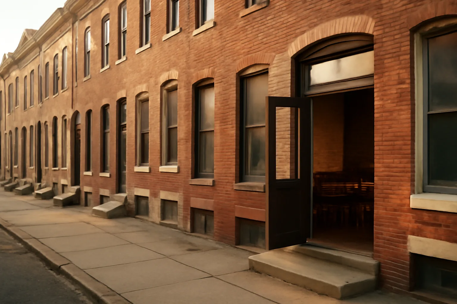 Baltimore rowhouse storefront restaurant at sunrise before opening for service