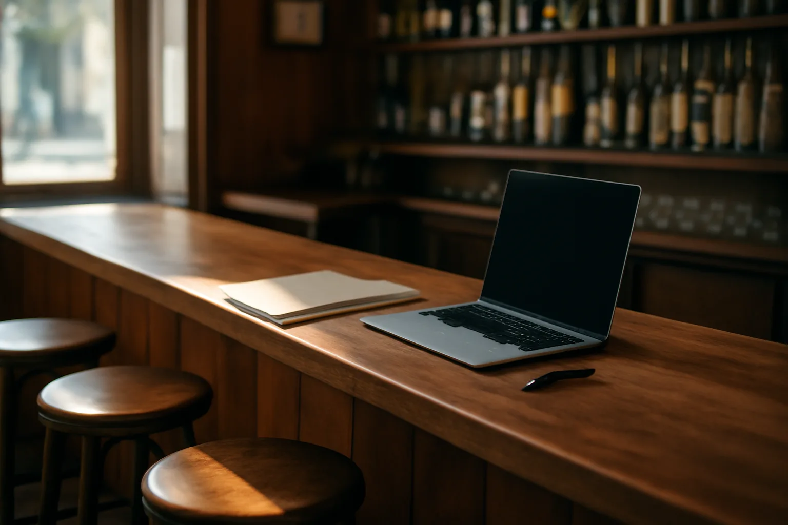 Empty bar counter with paperwork and laptop during a bar application process