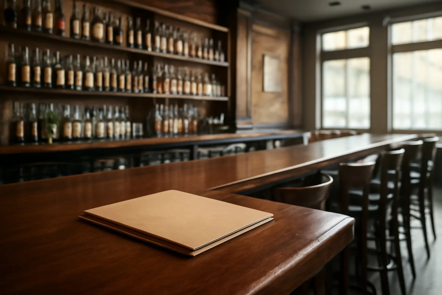Empty bar counter with shelved bottles and a closed paper folder in morning light