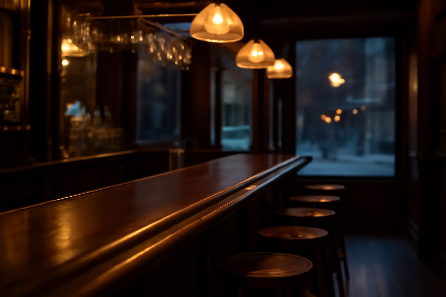 Empty NYC bar interior at dusk with brass rail and warm pendant lighting