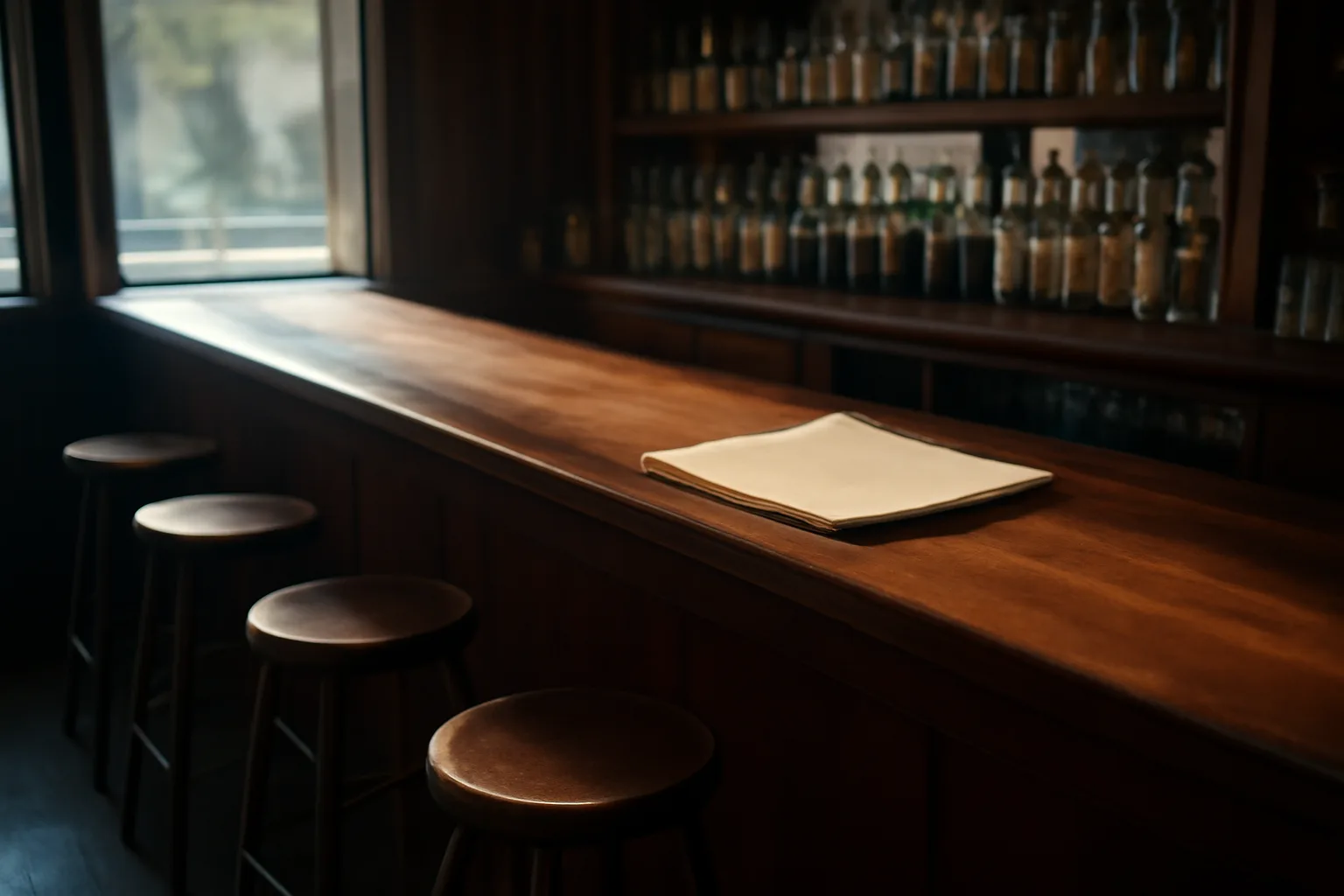 Empty neighborhood bar interior with sunlight and a closed paperwork folder on the counter
