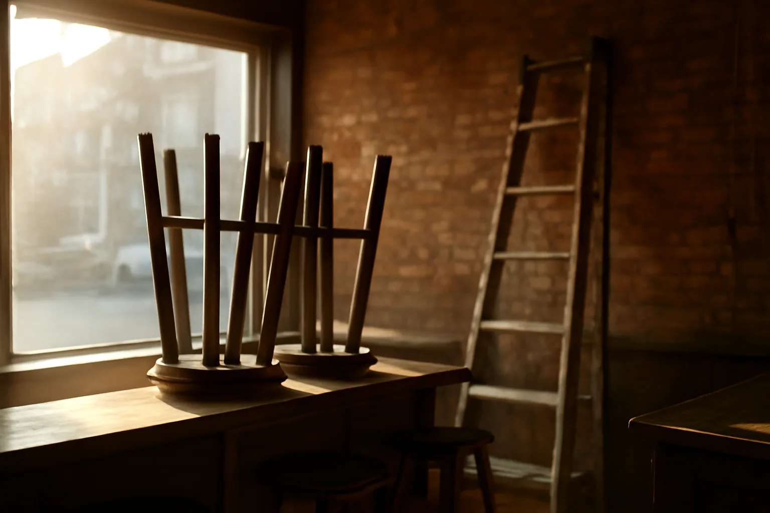 Empty bar interior under renovation with ladder and stacked stools before license approval