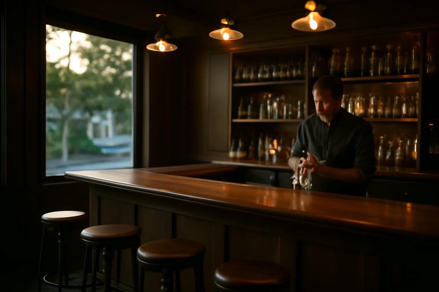 Bartender preparing an empty neighborhood bar before opening under warm evening light