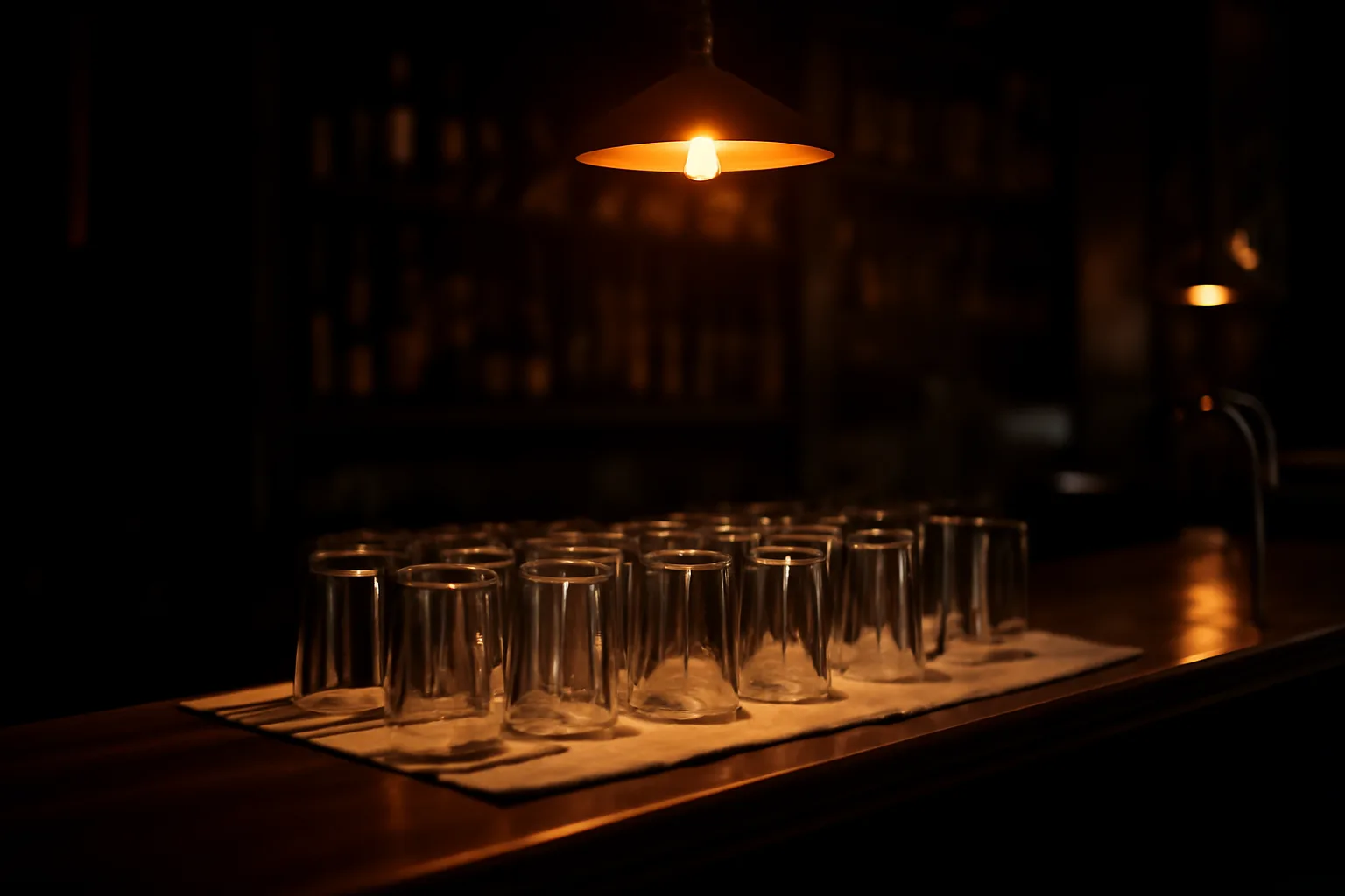 Empty bar counter with drying glasses under warm evening light