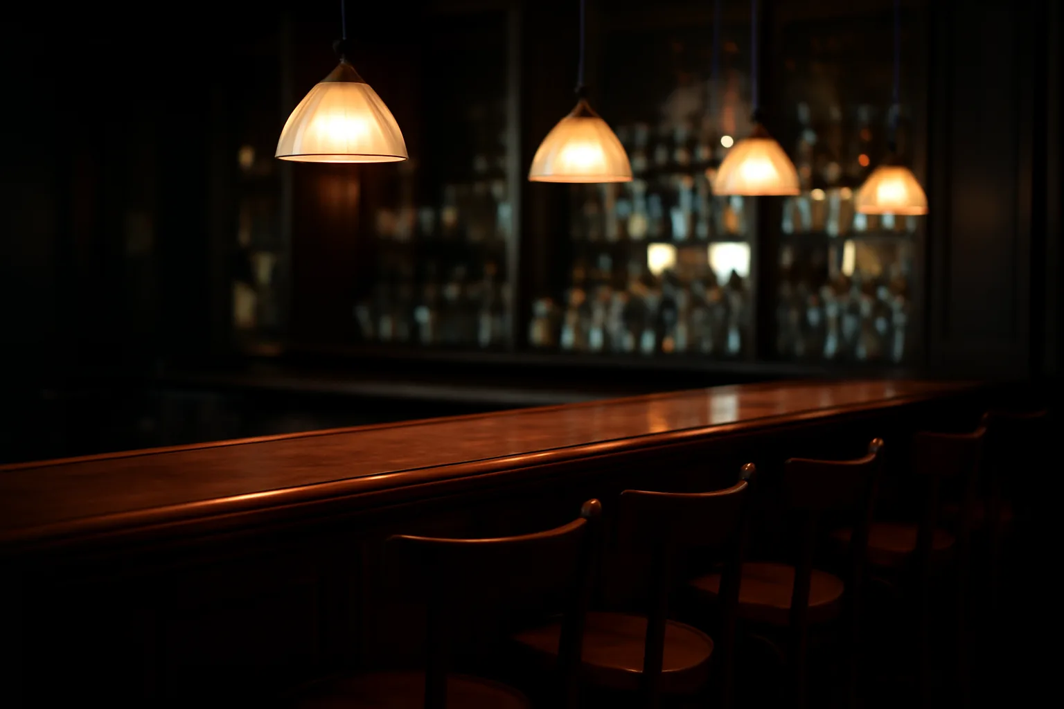 Empty restaurant bar counter at night representing the liquor license search for bar rotunda
