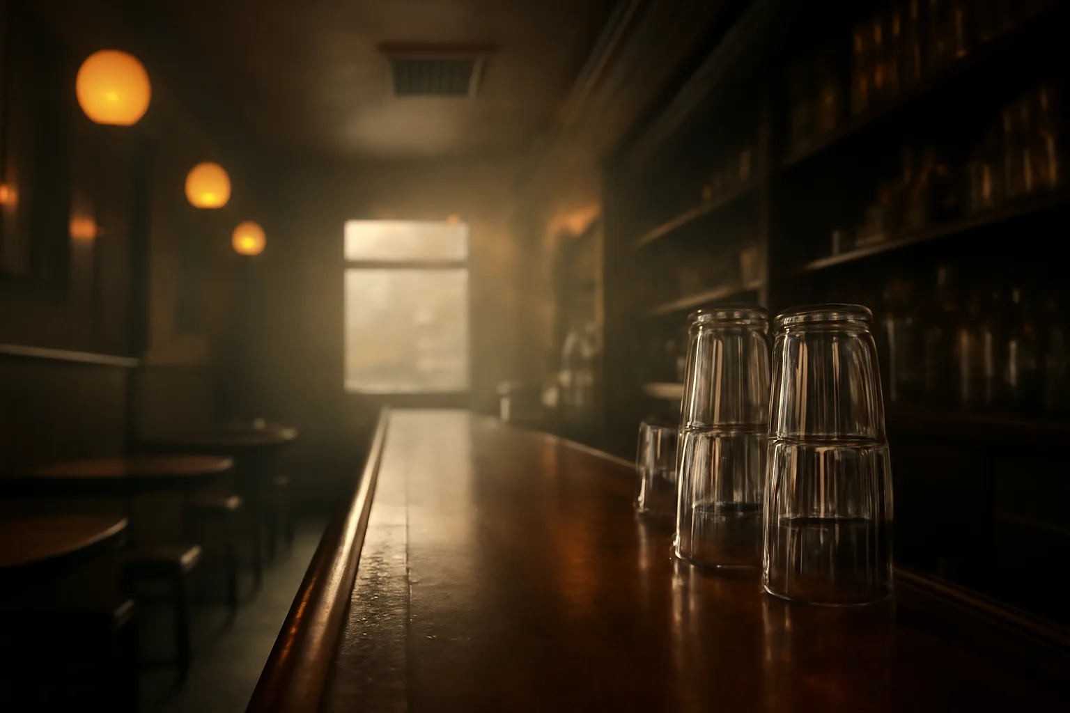 Empty bar interior at dawn with faint haze near ceiling vent above wooden counter