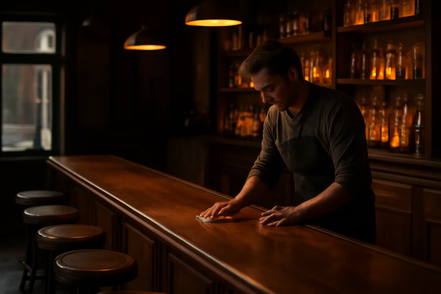 Empty neighborhood bar counter at dusk before opening for service