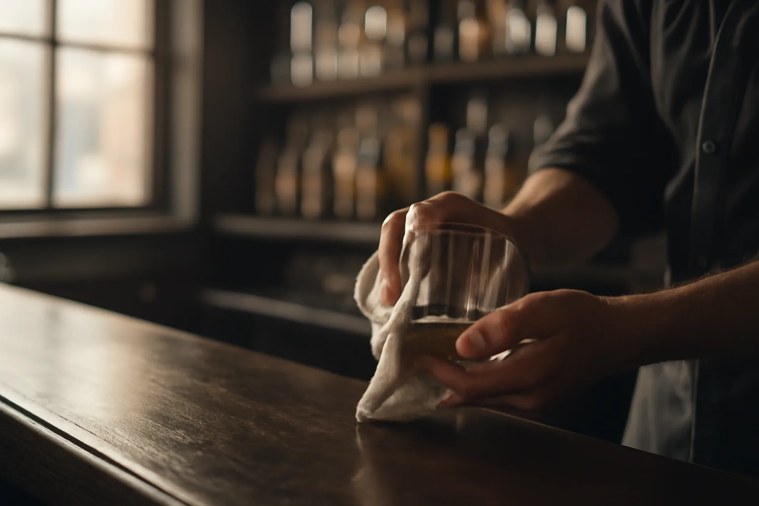 Bartender polishing a glass at an empty bar before opening in Florida