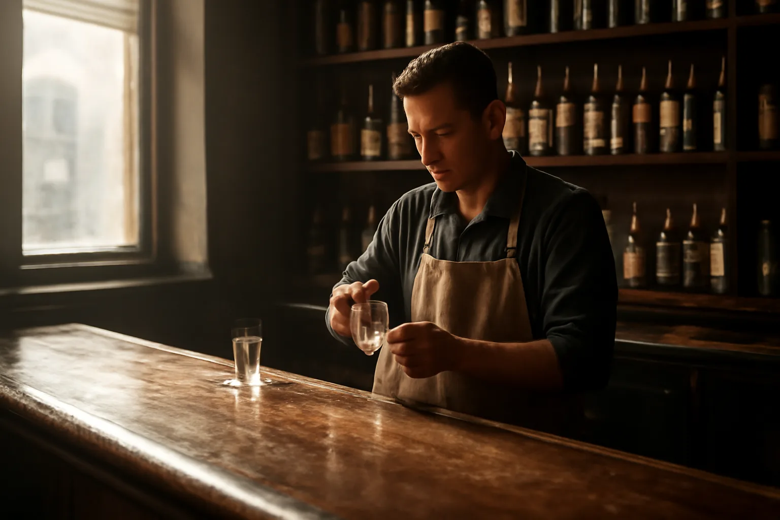 Bartender polishing glasses behind a sunlit bar counter with bottles on shelves