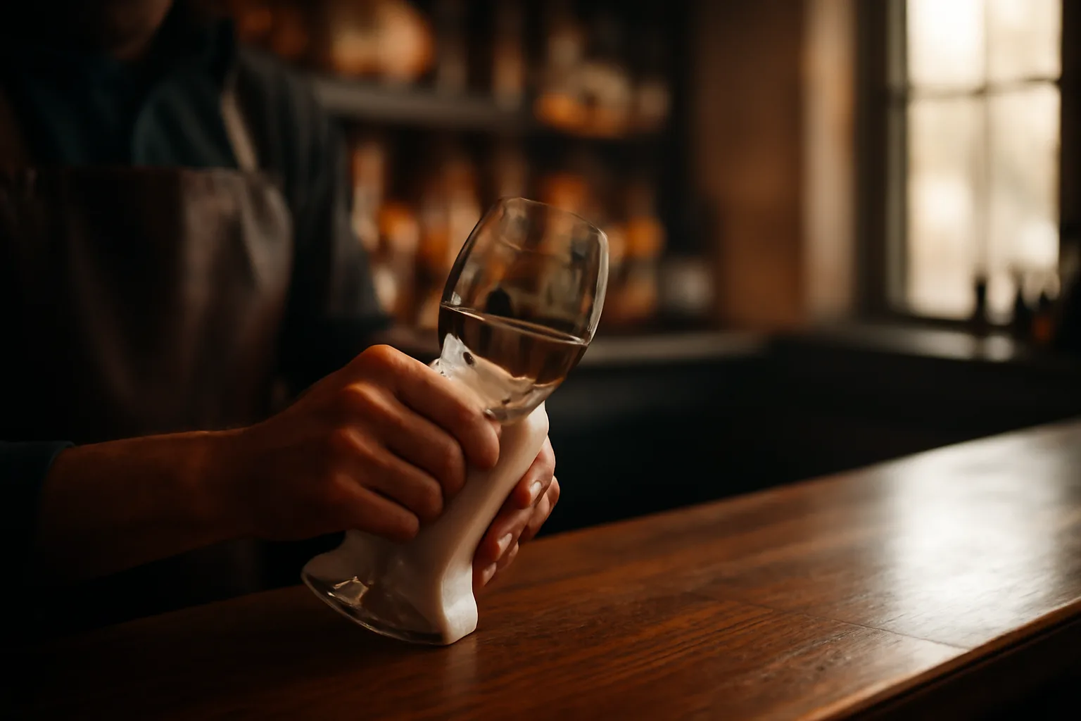 Bartender polishing a glass behind a bar before opening, South Carolina bartender license context