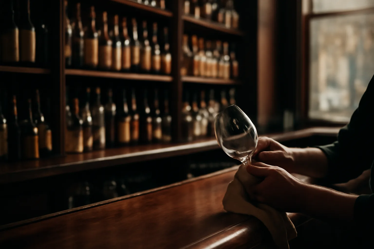 Bartender polishing a glass at a wooden bar counter in warm evening light