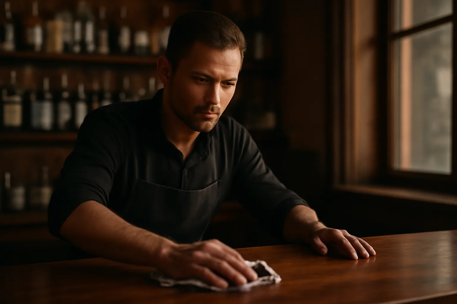 Bartender preparing the bar counter before opening, illustrating bartender permit and licensing requirements