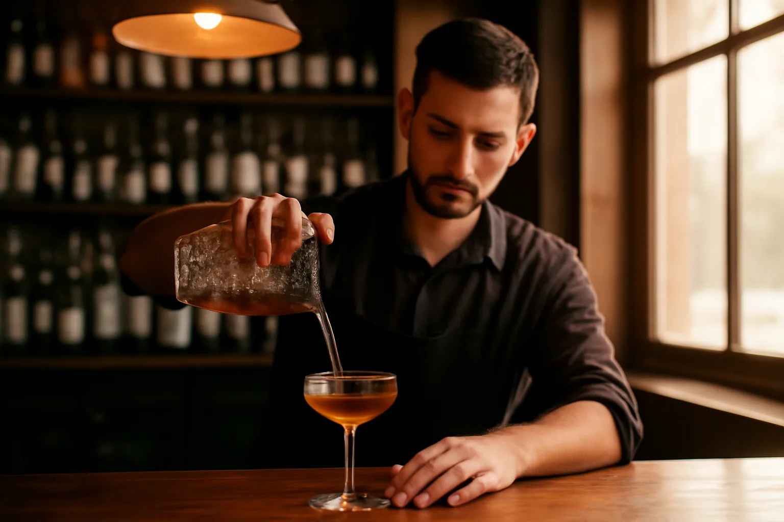 Bartender pouring a drink behind a bar in warm afternoon light