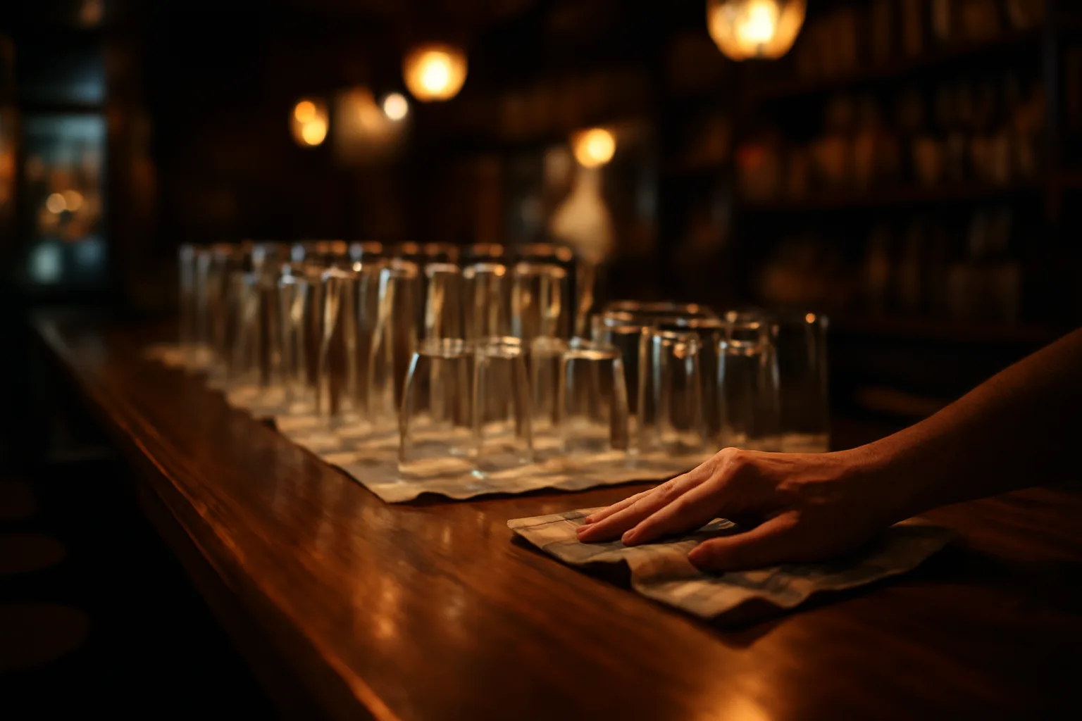 Bartender wiping a bar counter under warm light, illustrating Tennessee bartending license rules