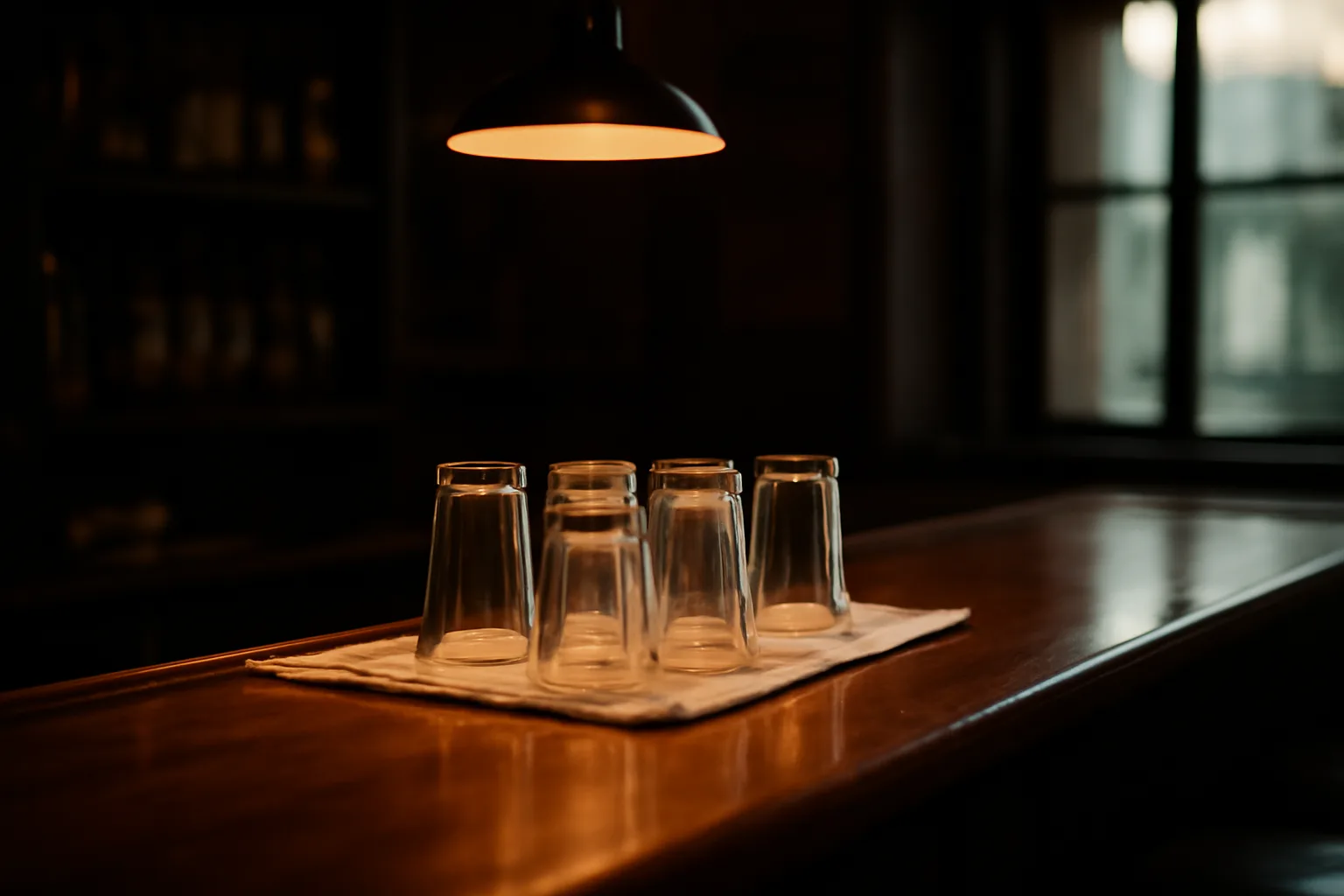 Empty wooden bar counter with drying glassware under warm pendant light