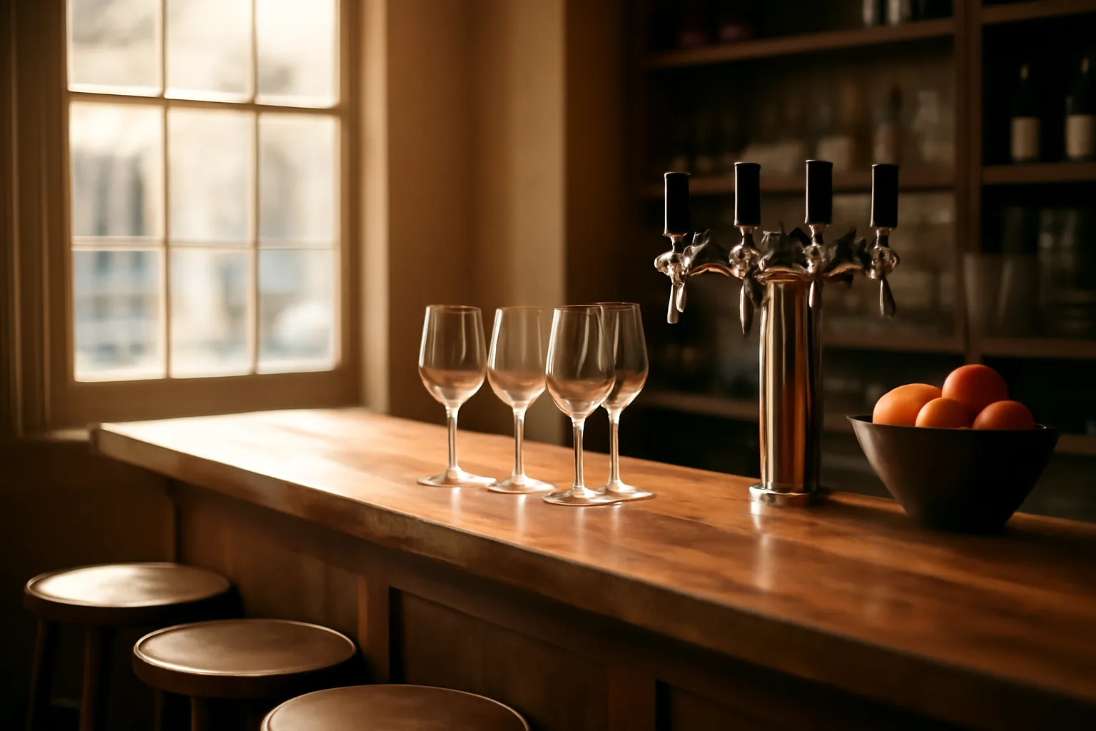 Restaurant bar counter with wine glasses and beer taps in morning light