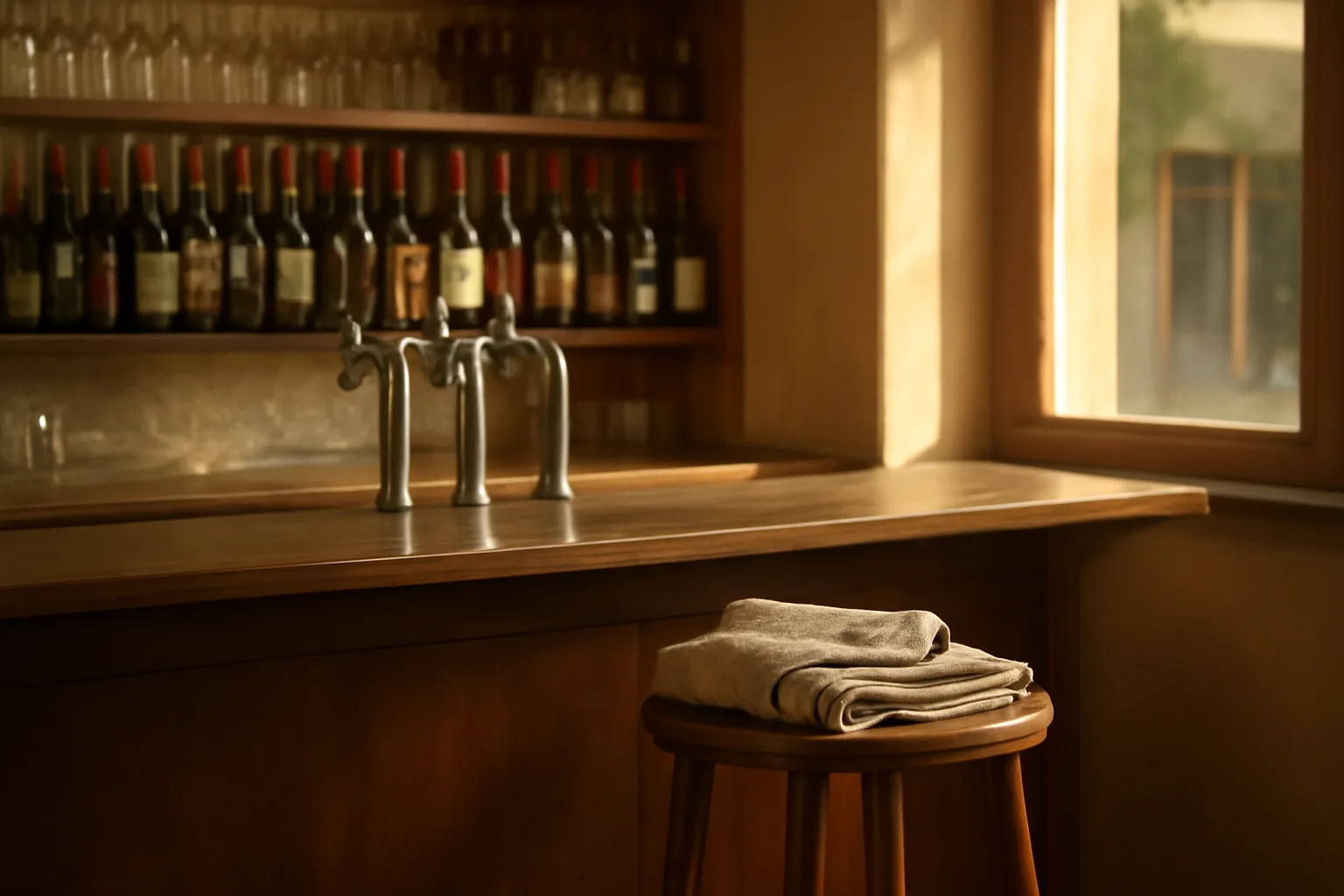 Restaurant bar counter with wine bottles and beer taps, illustrating a beer and wine license setup