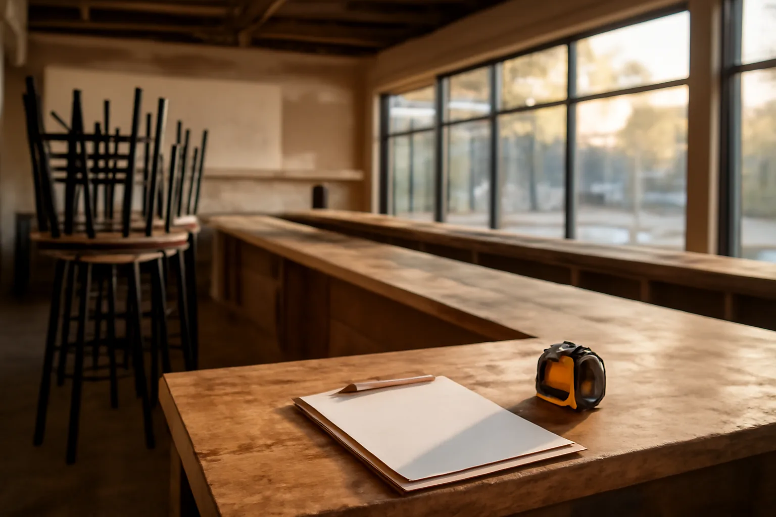Empty restaurant bar being prepared before a California ABC license query and application