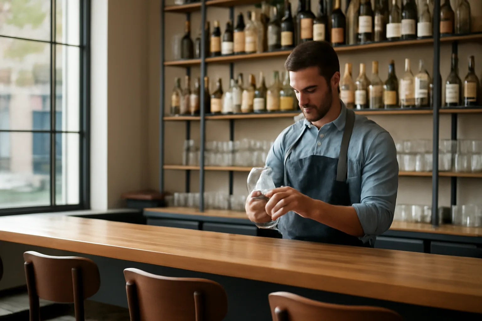 Empty restaurant bar counter with bartender polishing glassware before service, illustrating CA ABC license types