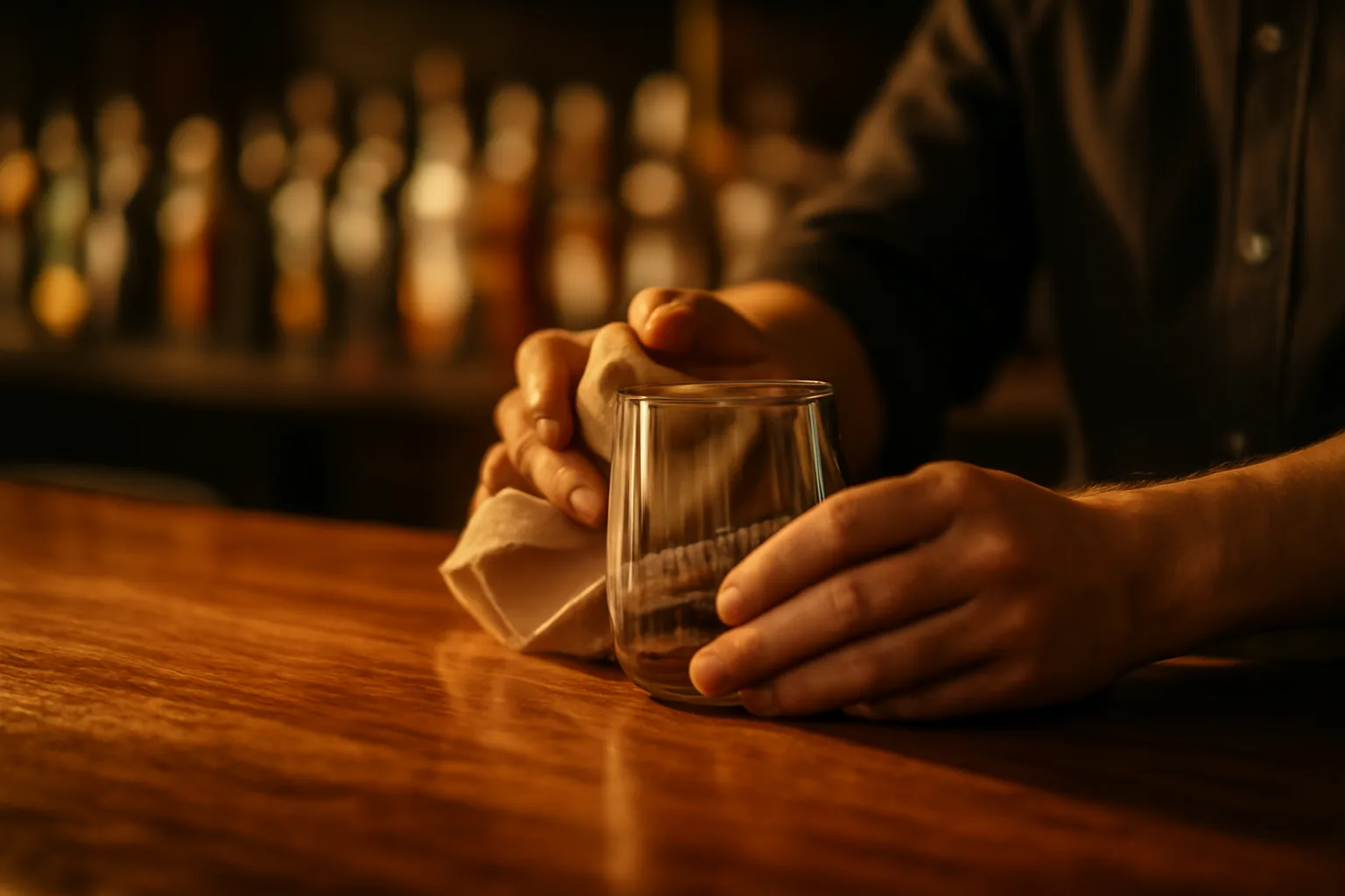 Bartender polishing glassware at a bar counter during golden hour light