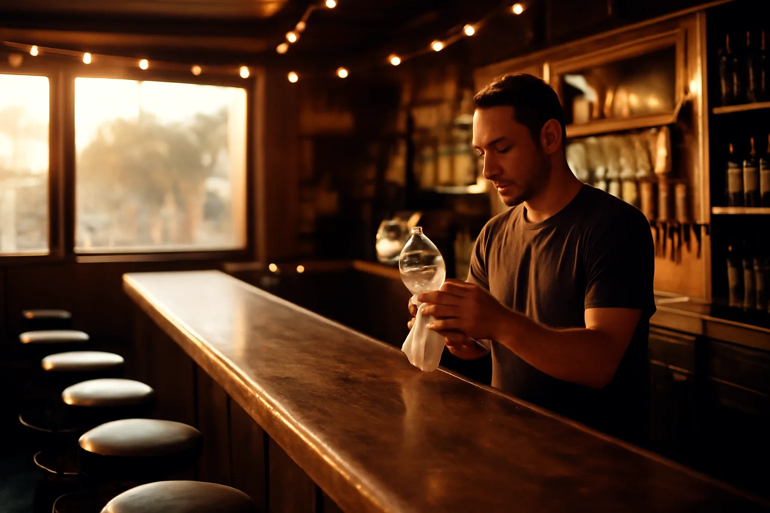 Bartender polishing glassware behind an empty California bar counter at dusk