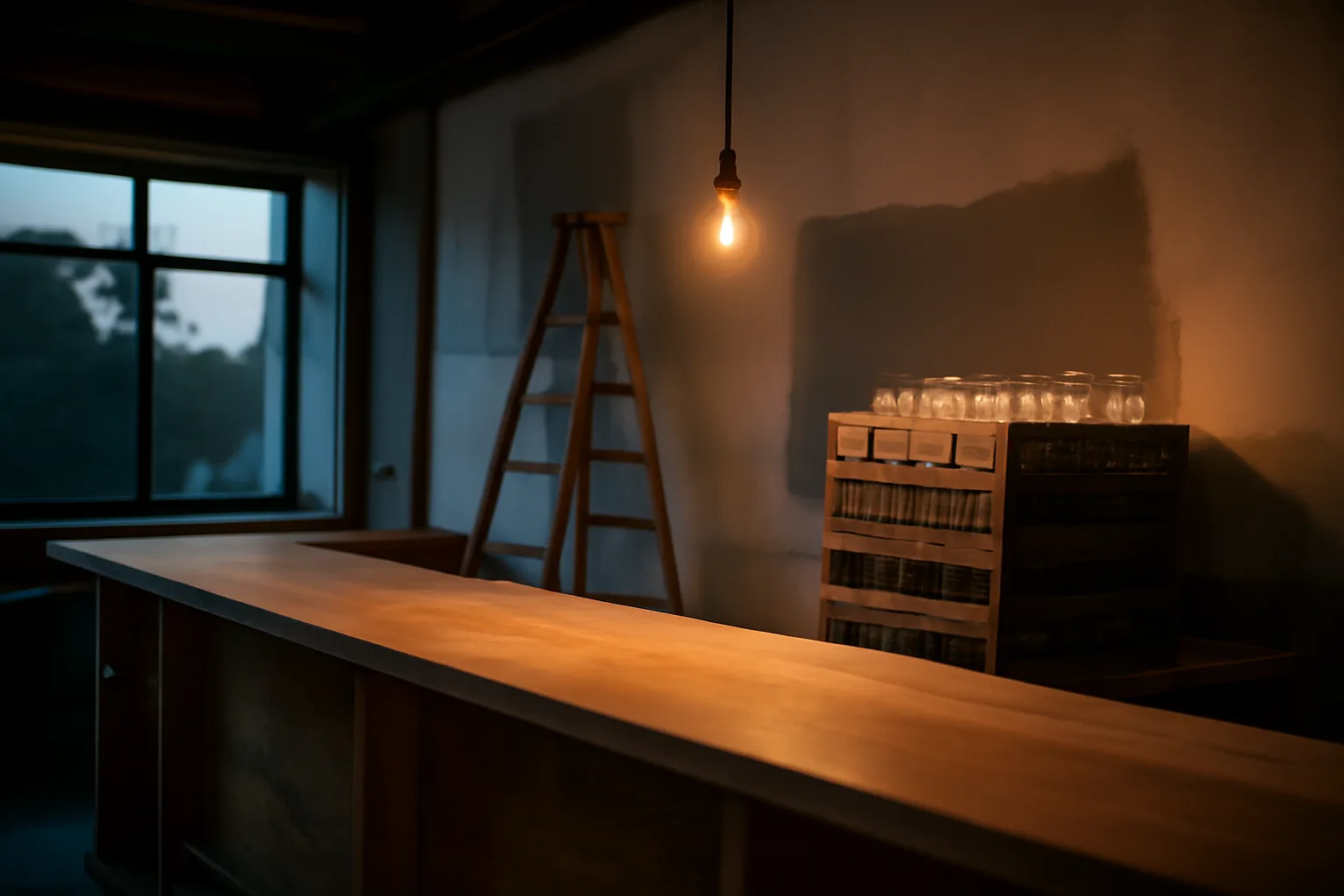 Bar under construction at dusk, representing the California liquor license application process