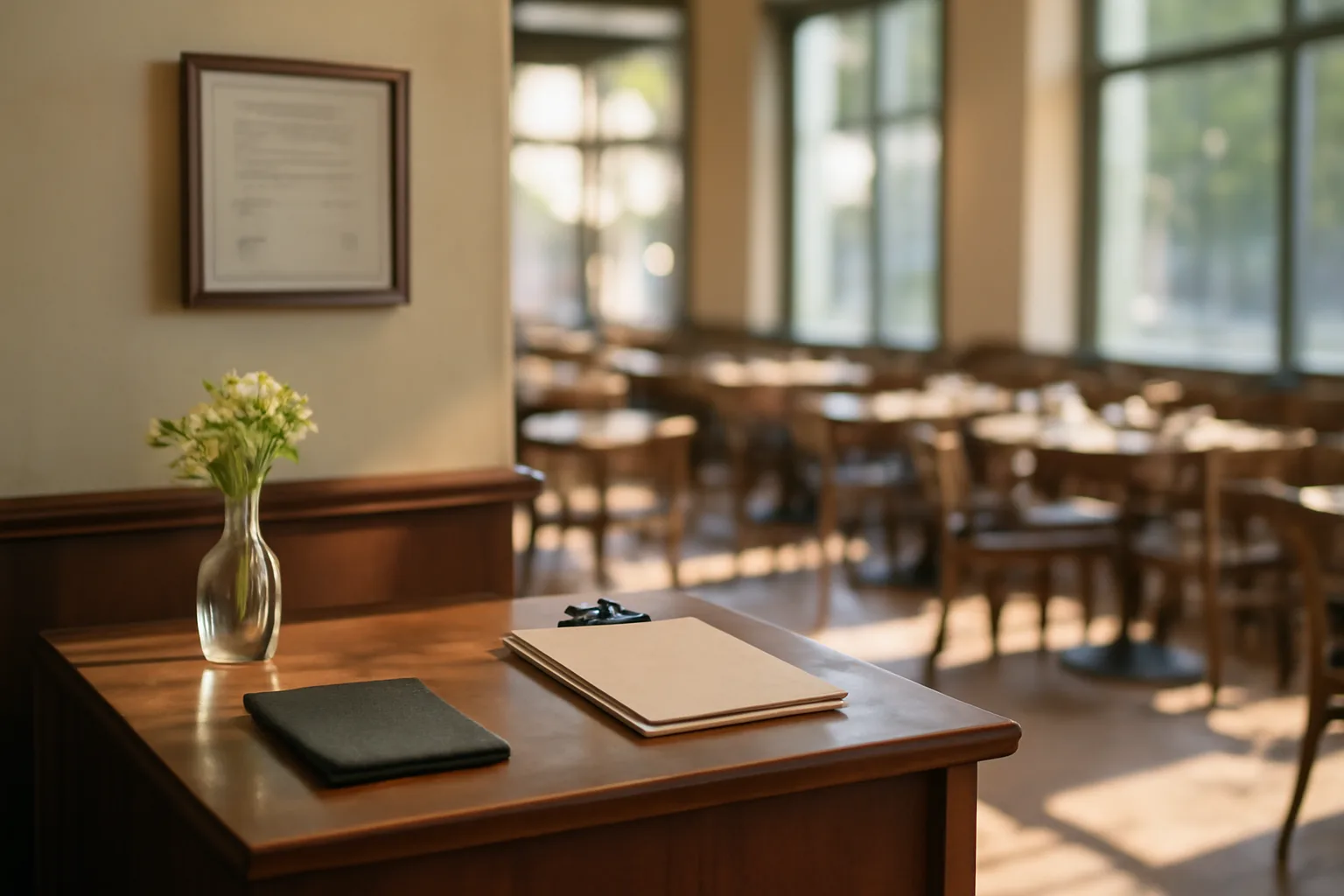 Restaurant host stand with a license posted on the wall, used for a CA liquor license lookup story