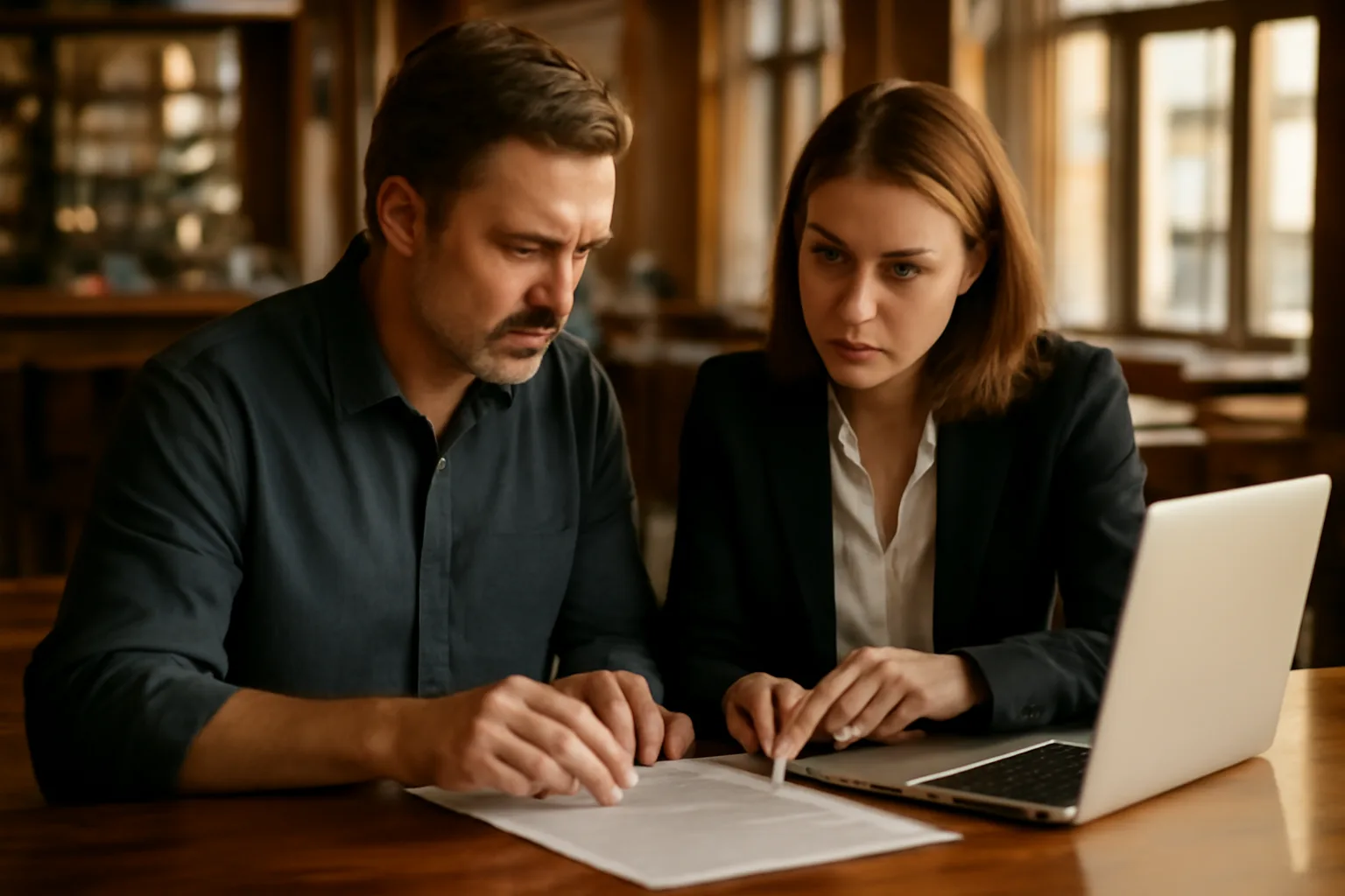 Owner and attorney reviewing records during a California ABC license lookup at a bar counter