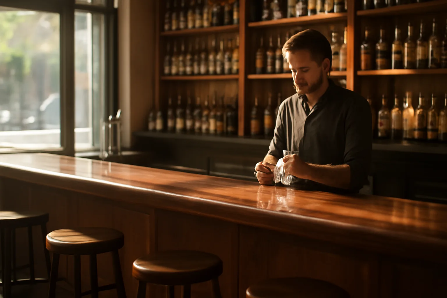 Sunlit restaurant bar being prepped before opening, illustrating California ABC license types