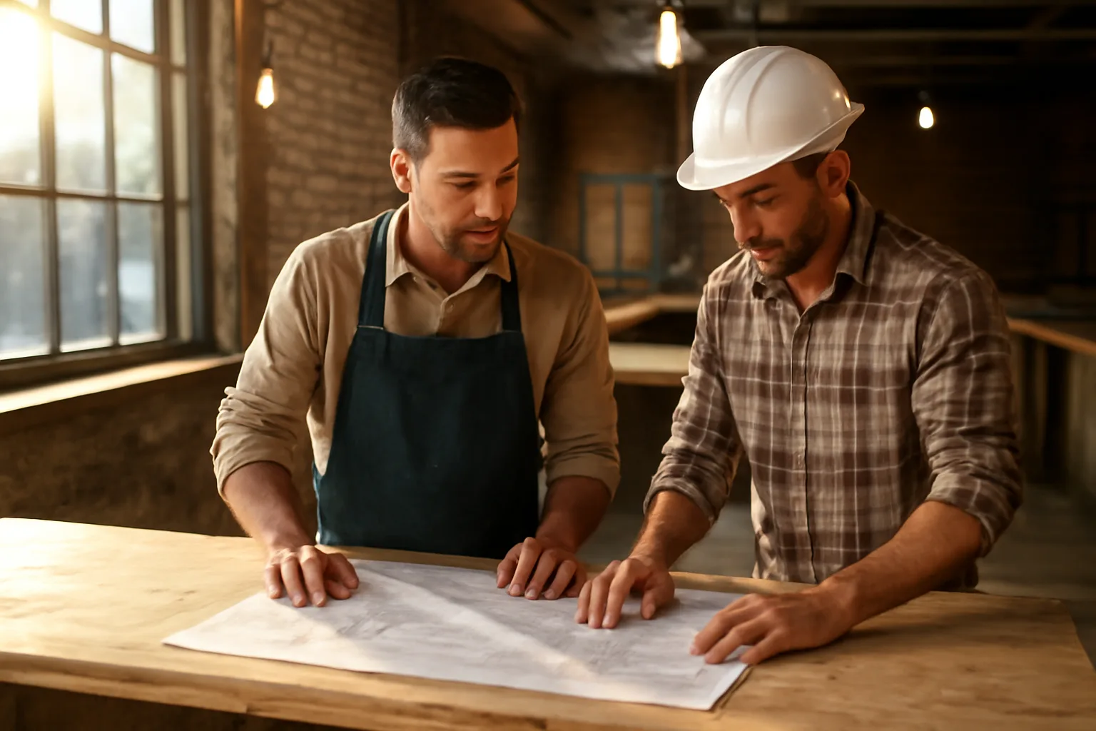 Restaurant owner reviewing floor plans near an unfinished bar while planning a California ABC license