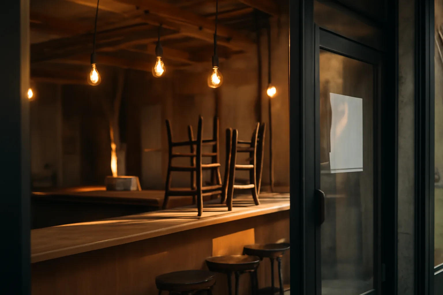 Restaurant interior mid-renovation with a permit posted near the entrance door