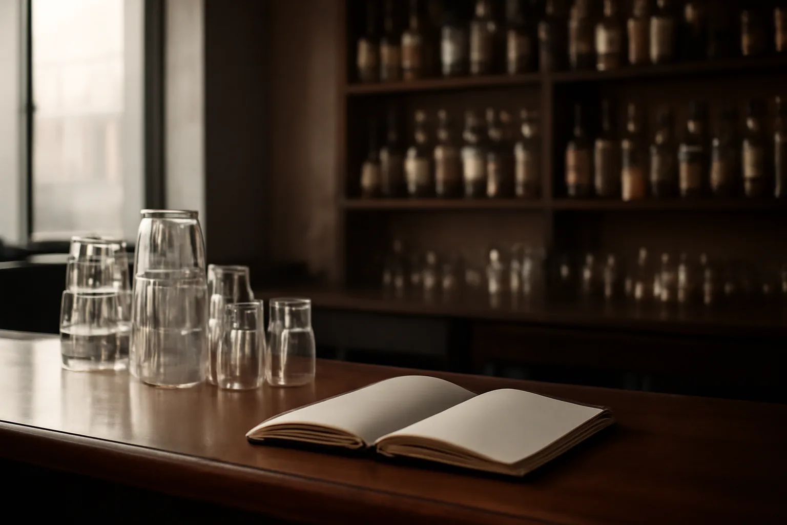 Empty restaurant bar interior with liquor bottles and morning light before opening