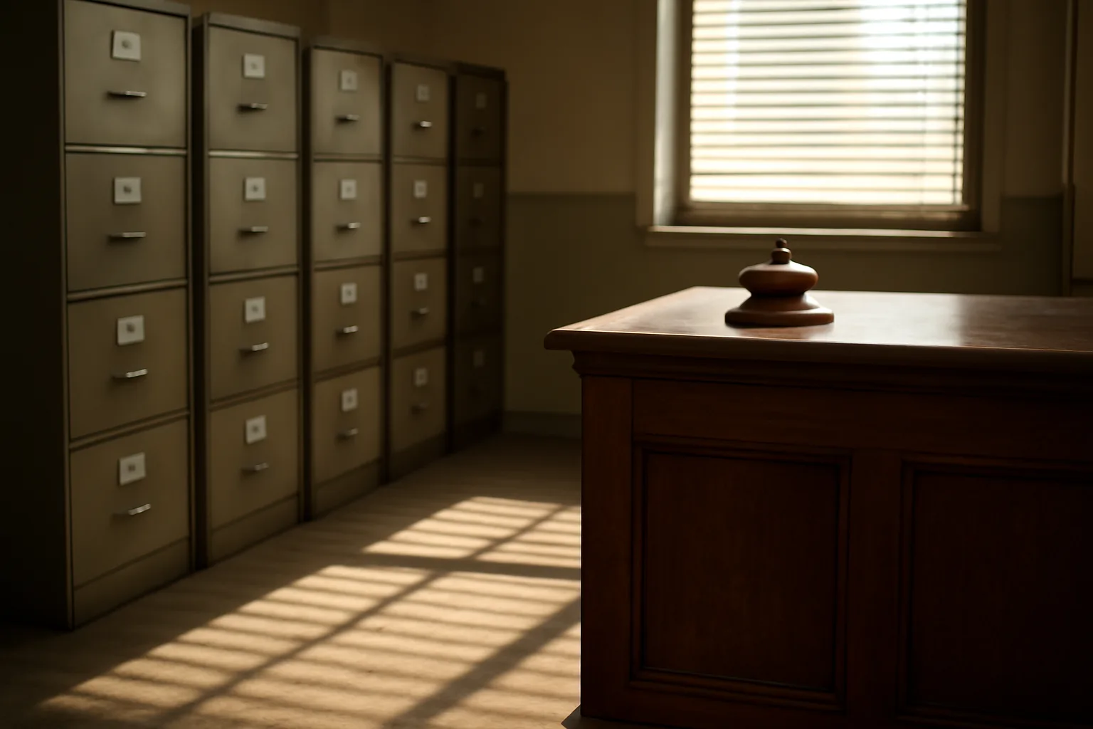 Empty government records office counter representing license lookup and verification