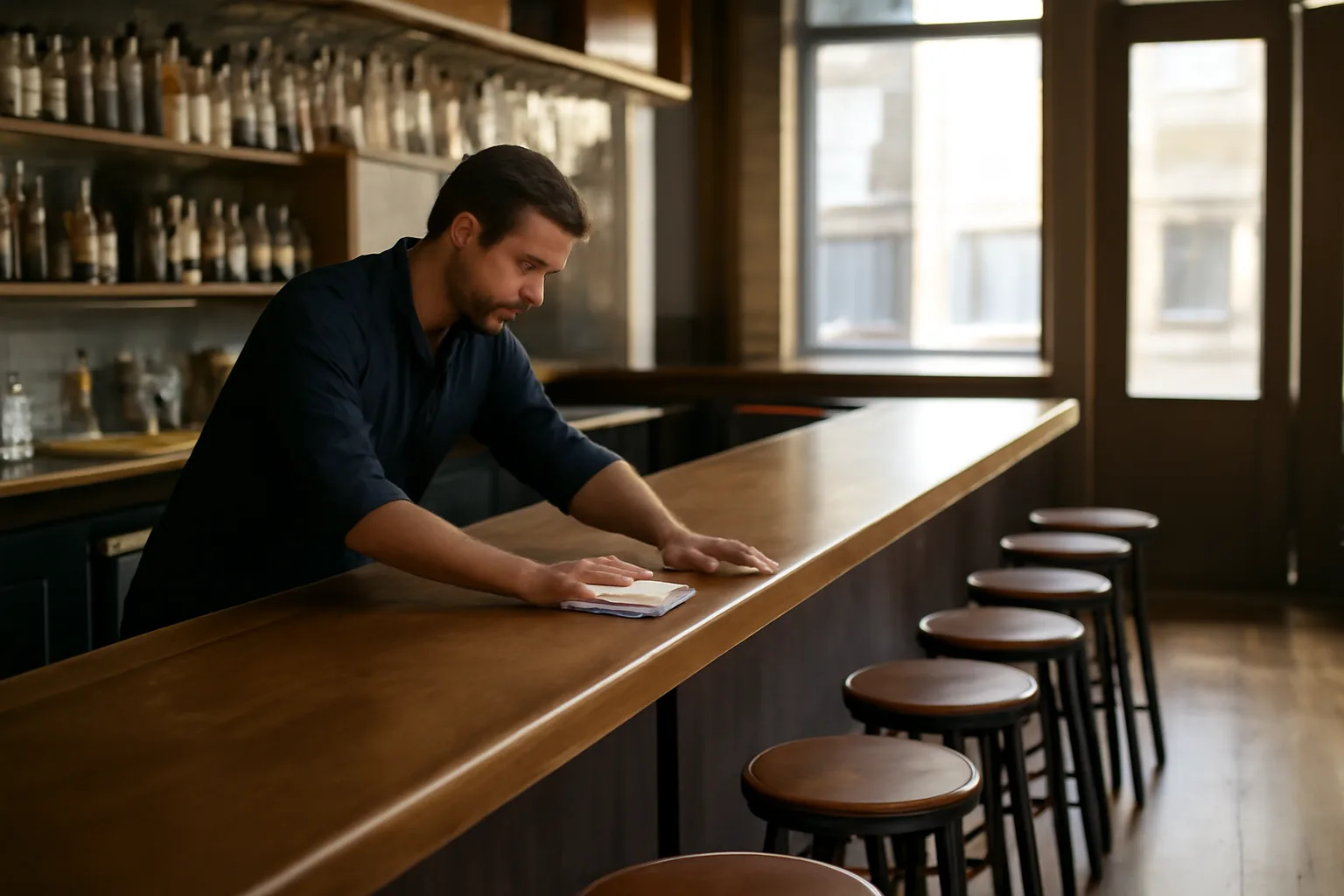 Empty restaurant bar counter in morning light before a liquor license inspection