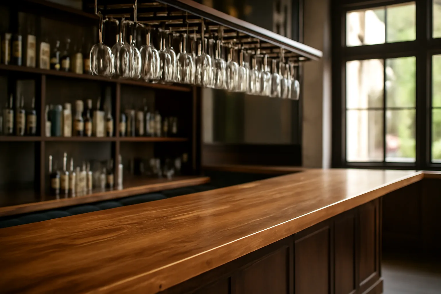 Empty polished bar counter with hanging glasses in natural daylight