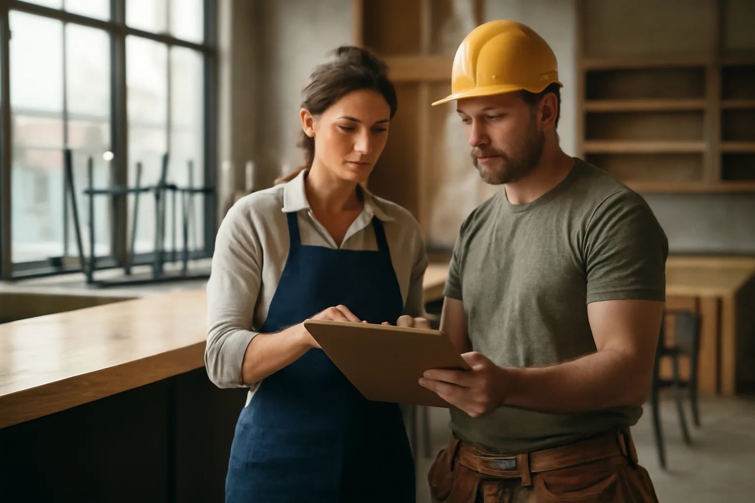 Restaurant owner reviewing paperwork near an unfinished bar counter during buildout