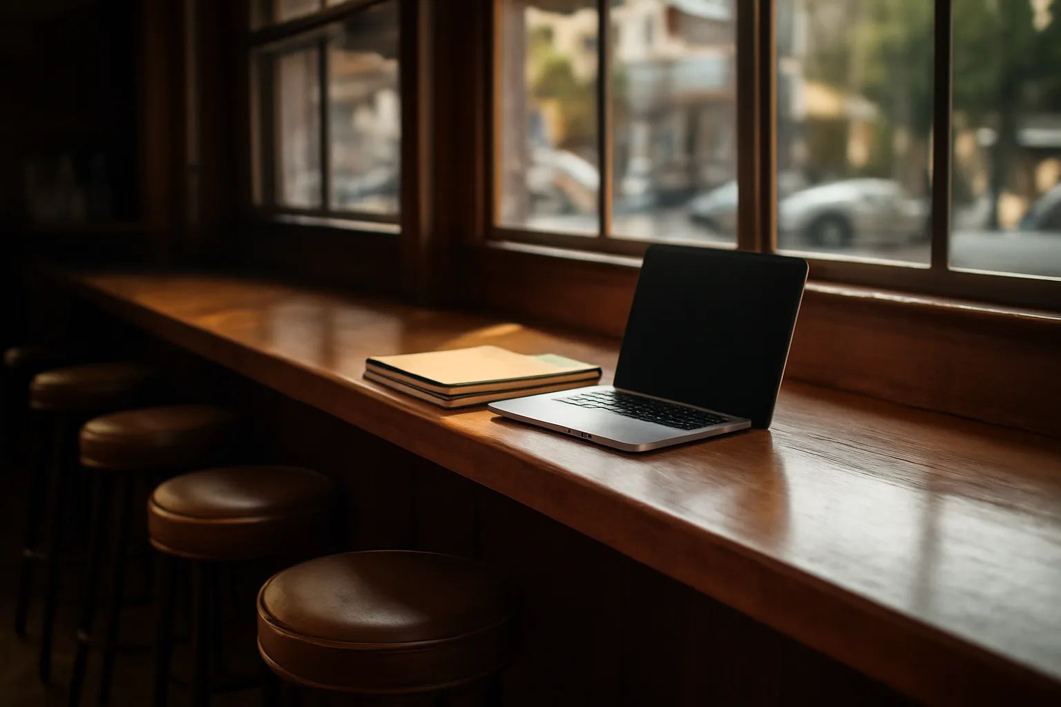 Empty restaurant bar counter with laptop and folders during liquor license paperwork review