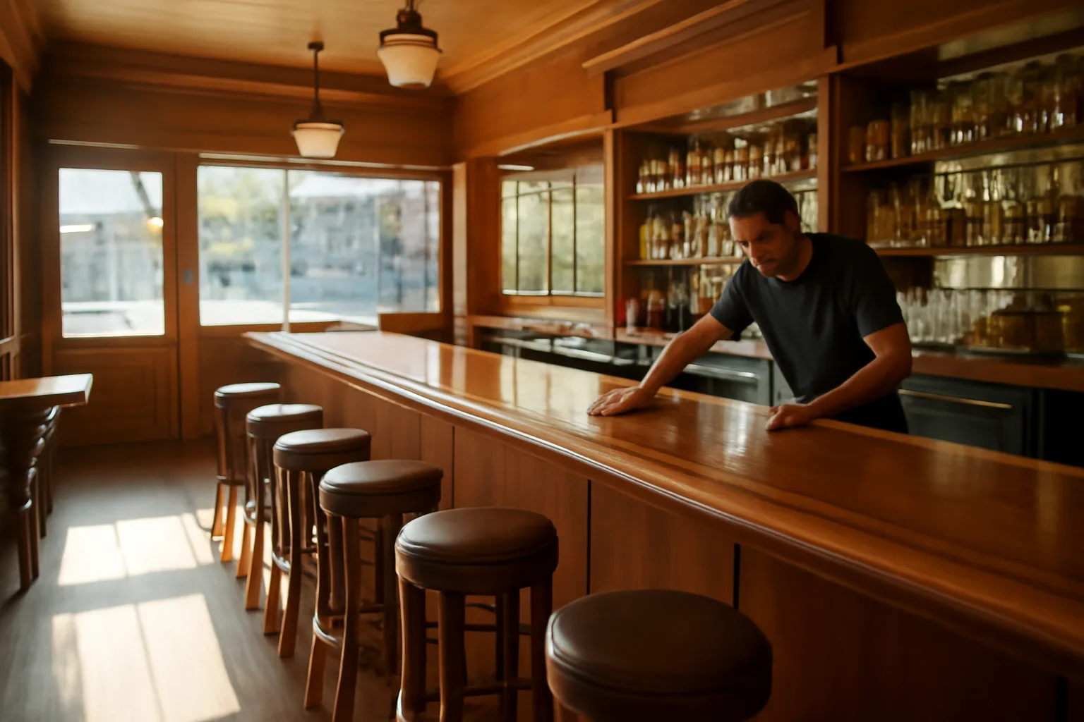 Empty California restaurant bar counter lit by afternoon sunlight before opening